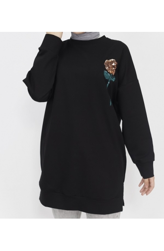 2 Thread Fabric Sequin Embroidery Detailed Sweatshirt 6972-03 Black 6972-03