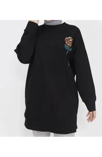 2 İp Kumaş Pul İşleme Detaylı Sweatshirt 6972-03 Siyah
