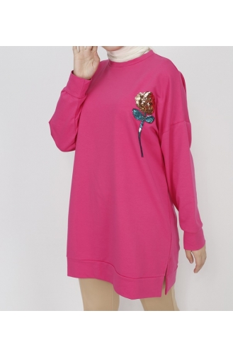 2 Thread Fabric Sequin Embroidery Detailed Sweatshirt 6972-04 Fuchsia 6972-04