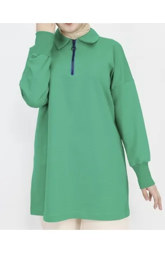 2 Thread Fabric Collar Zipper Detailed Sweatshirt 23296-04 Green 23296-04