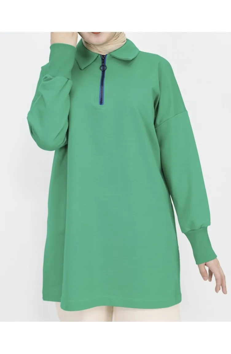 2 Thread Fabric Collar Zipper Detailed Sweatshirt 23296-04 Green 23296-04