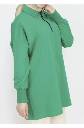 2 Thread Fabric Collar Zipper Detailed Sweatshirt 23296-04 Green 23296-04