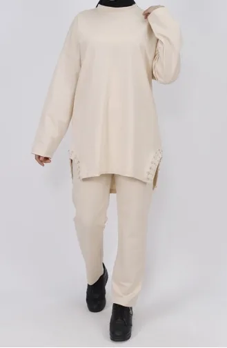 2 İp Kumaş Yanı Taş Detaylı 2li Takım 6990-01 Bej