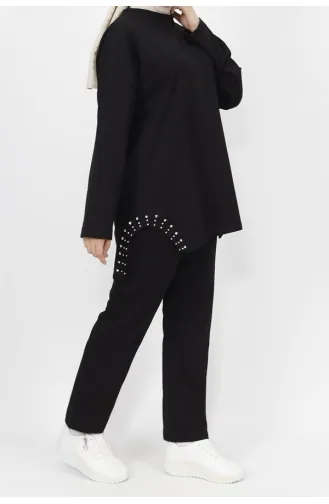 2 İp Kumaş Yanı Taş Detaylı 2li Takım 6990-02 Siyah