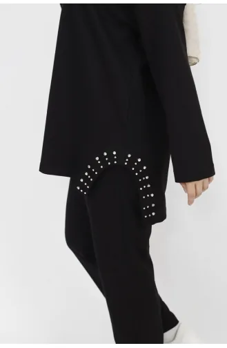 2 İp Kumaş Yanı Taş Detaylı 2li Takım 6990-02 Siyah