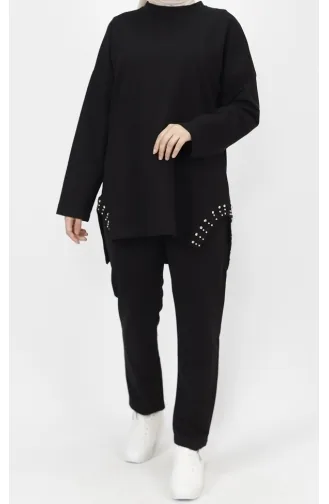 2 İp Kumaş Yanı Taş Detaylı 2li Takım 6990-02 Siyah