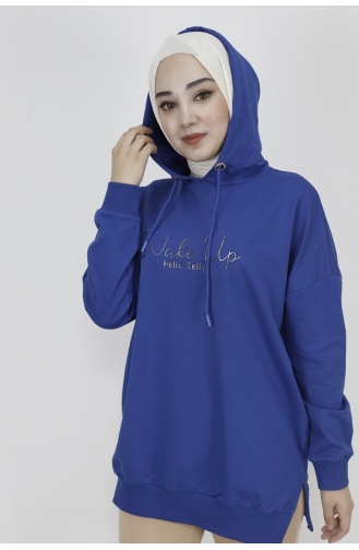 2 İp Kumaş Yazı Baskılı Kapüşonlu Sweatshirt 23299-01 Saks