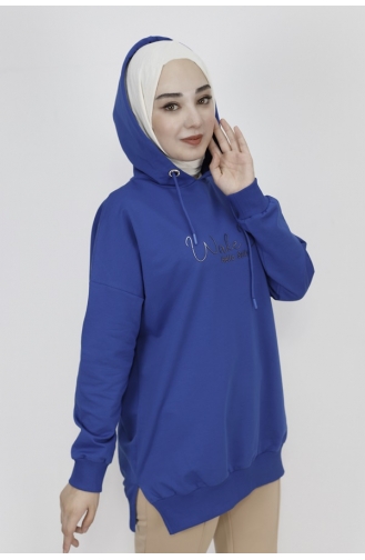 2 İp Kumaş Yazı Baskılı Kapüşonlu Sweatshirt 23299-01 Saks