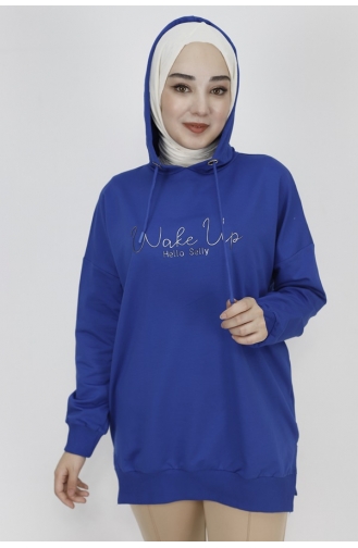 2 İp Kumaş Yazı Baskılı Kapüşonlu Sweatshirt 23299-01 Saks