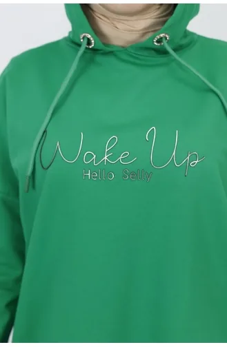 2 İp Kumaş Yazı Baskılı Kapüşonlu Sweatshirt 23299-02 Yeşil