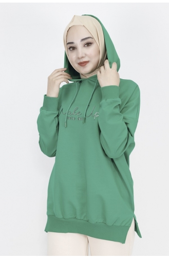 2 İp Kumaş Yazı Baskılı Kapüşonlu Sweatshirt 23299-02 Yeşil