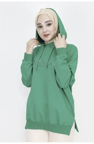 2 İp Kumaş Yazı Baskılı Kapüşonlu Sweatshirt 23299-02 Yeşil