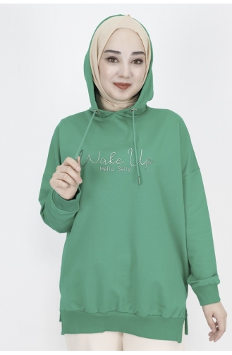 2 İp Kumaş Yazı Baskılı Kapüşonlu Sweatshirt 23299-02 Yeşil