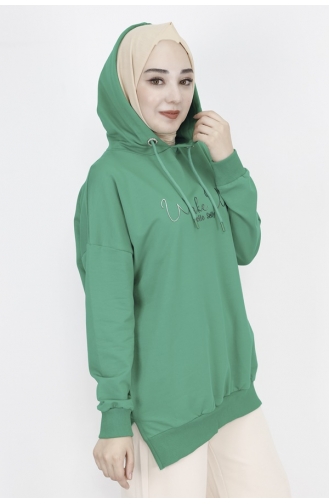 2 İp Kumaş Yazı Baskılı Kapüşonlu Sweatshirt 23299-02 Yeşil