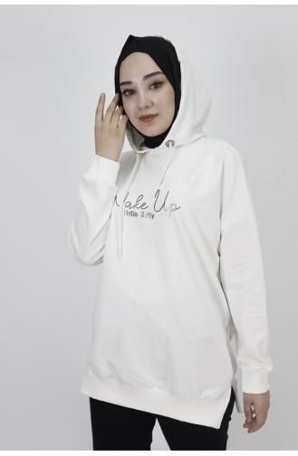 2 İp Kumaş Yazı Baskılı Kapüşonlu Sweatshirt 23299-03 Ekru