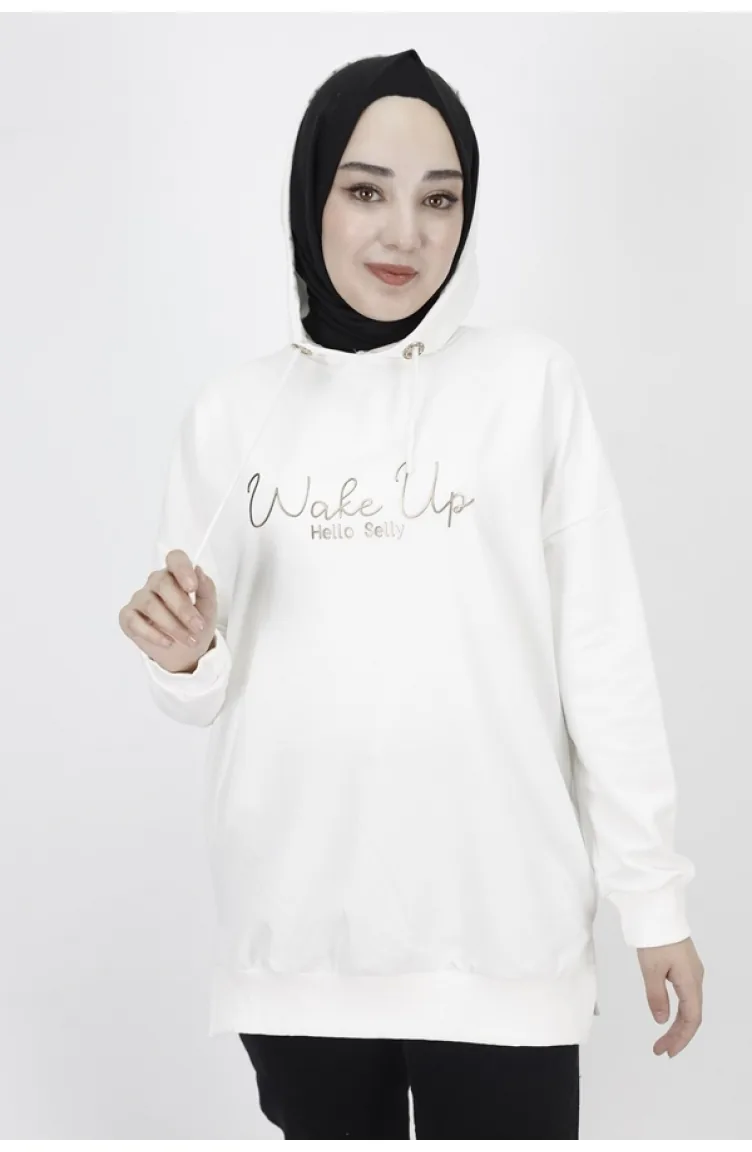 2 Thread Fabric Text Printed Hooded Sweatshirt 23299-03 Ecru 23299-03