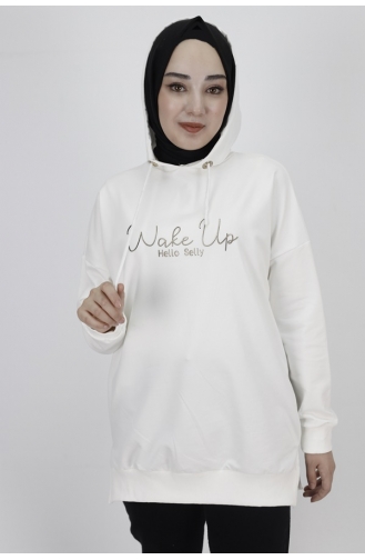 2 İp Kumaş Yazı Baskılı Kapüşonlu Sweatshirt 23299-03 Ekru