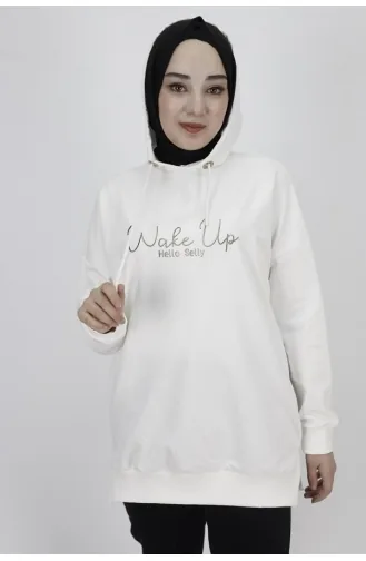 2 Thread Fabric Text Printed Hooded Sweatshirt 23299-03 Ecru 23299-03