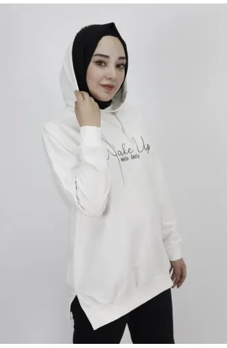 2 Thread Fabric Text Printed Hooded Sweatshirt 23299-03 Ecru 23299-03
