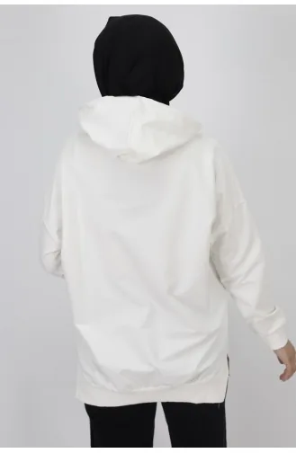 2 Thread Fabric Text Printed Hooded Sweatshirt 23299-03 Ecru 23299-03