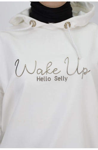 2 Thread Fabric Text Printed Hooded Sweatshirt 23299-03 Ecru 23299-03