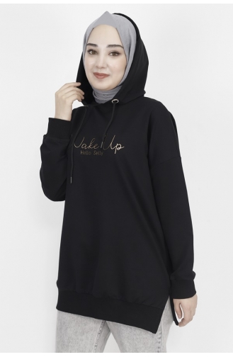 2 İp Kumaş Yazı Baskılı Kapüşonlu Sweatshirt 23299-04 Siyah