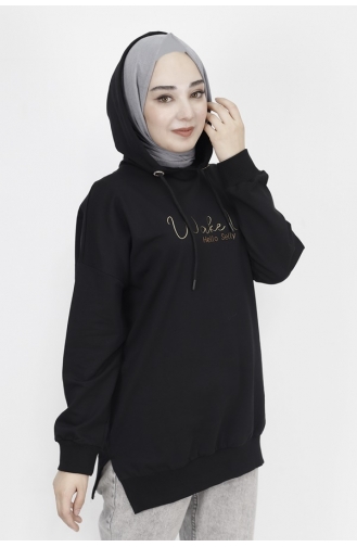 2 İp Kumaş Yazı Baskılı Kapüşonlu Sweatshirt 23299-04 Siyah