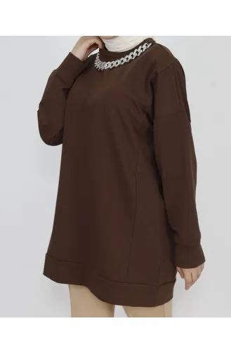 2 İp Kumaş Zincir Detaylı Sweatshirt 6988-01 Kahverengi