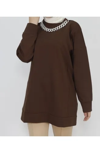 2 İp Kumaş Zincir Detaylı Sweatshirt 6988-01 Kahverengi