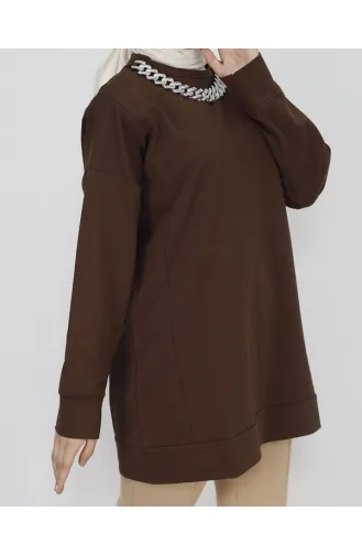 2 İp Kumaş Zincir Detaylı Sweatshirt 6988-01 Kahverengi