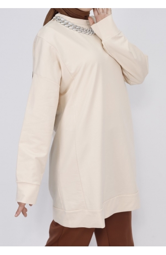 2-fädiges Stoffketten-Sweatshirt Mit Detaillierten Details 6988-03 Beige 6988-03