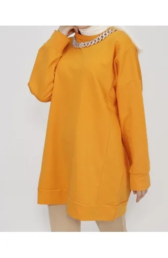 2 İp Kumaş Zincir Detaylı Sweatshirt 6988-04 Oranj