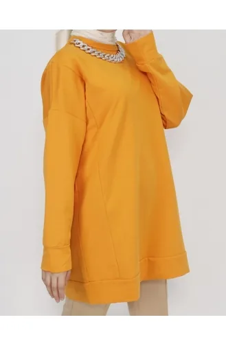 2 İp Kumaş Zincir Detaylı Sweatshirt 6988-04 Oranj
