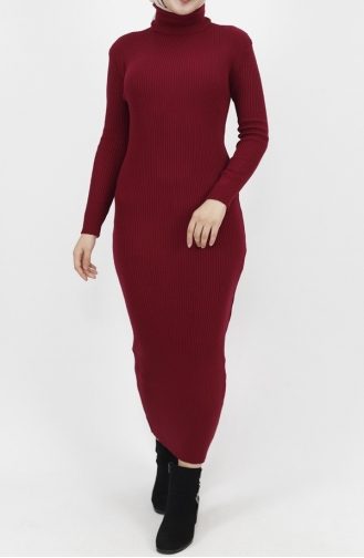 Turtleneck Corded Knitwear Dress 1032-04 Claret Red 1032-04