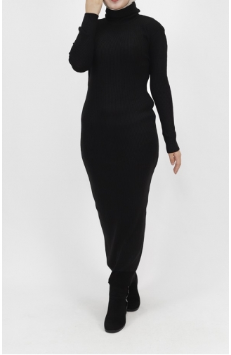 فستان تريكو بتفاصيل ياقة عالية 1032-06 لون أسود 1032-06