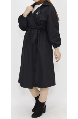 Bondet Fabric Brooch Detailed Medium Length Trench Coat 11051-01 Black 11051-01