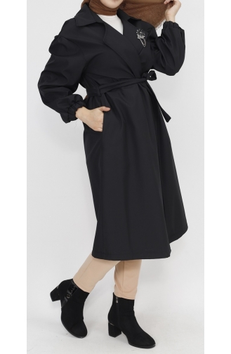 Bondet Fabric Brooch Detailed Medium Length Trench Coat 11051-01 Black 11051-01