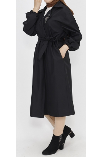 Bondet Fabric Brooch Detailed Medium Length Trench Coat 11051-01 Black 11051-01