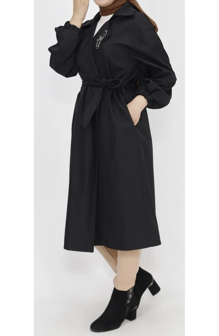 Bondet-Stoffbrosche Detaillierter Mittellanger Trenchcoat 11051-01 Schwarz 11051-01