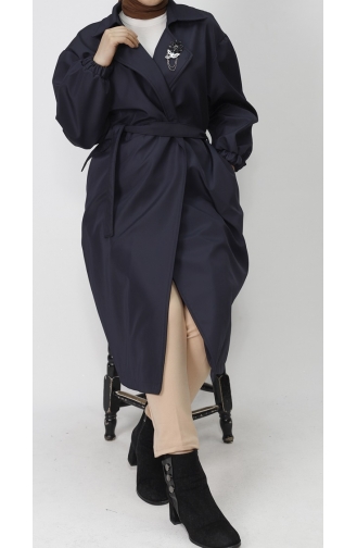 Bondet Fabric Brooch Detailed Medium Length Trench Coat 11051-02 Navy Blue 11051-02