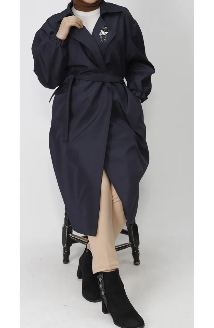 Bondet Stoffbrosche Detaillierter Mittellanger Trenchcoat 11051-02 Marineblau 11051-02