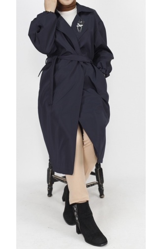 Bondet Fabric Brooch Detailed Medium Length Trench Coat 11051-02 Navy Blue 11051-02