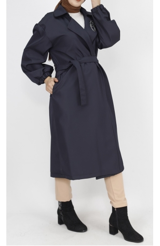 Bondet Fabric Brooch Detailed Medium Length Trench Coat 11051-02 Navy Blue 11051-02