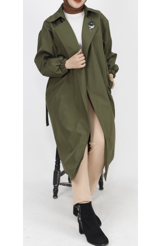 Bondet Fabric Brooch Detailed Medium Length Trench Coat 11051-04 Khaki 11051-04
