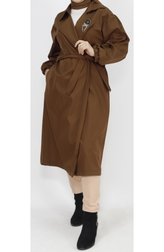 Bondet Fabric Brooch Detailed Medium Length Trench Coat 11051-05 Brown 11051-05
