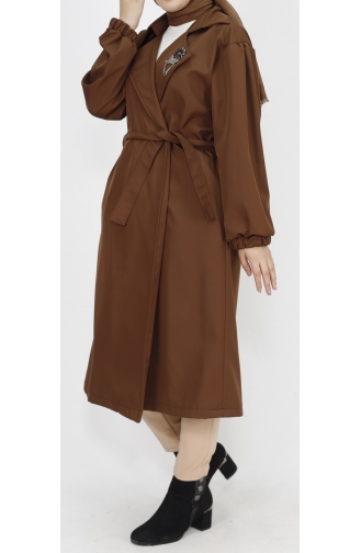 Bondet Fabric Brooch Detailed Medium Length Trench Coat 11051-05 Brown 11051-05