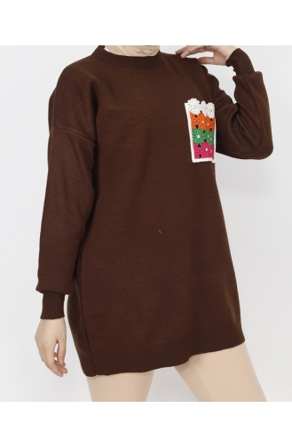 Brade And Stoned Pocket Detailed Knitwear Tunic 8040-02 Brown 8040-02