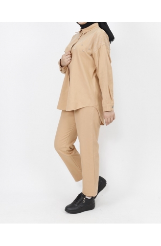 Gabardin Kumaş Taş Detaylı 2li Takım 6939-01 Camel