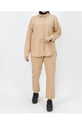 Gabardin Kumaş Taş Detaylı 2li Takım 6939-01 Camel