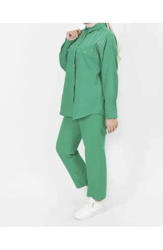 Gabardin Kumaş Taş Detaylı 2li Takım 6939-02 Yeşil